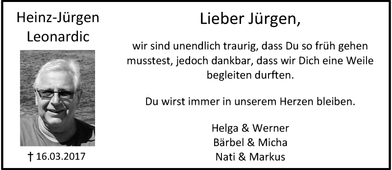  Traueranzeige für Heinz-Jürgen Leonardic vom 22.03.2017 aus trauer.extra-tipp-moenchengladbach.de
