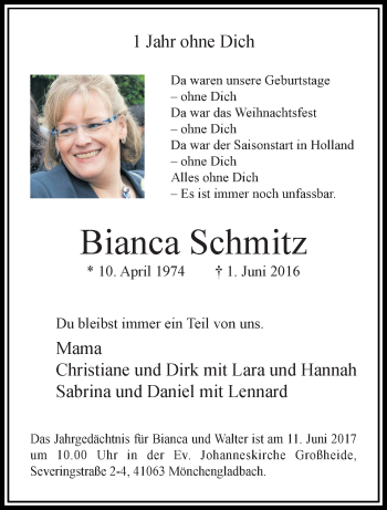 Traueranzeige von Bianca Schmitz von trauer.extra-tipp-moenchengladbach.de