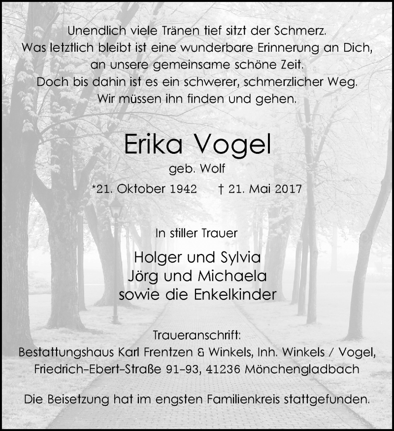 Traueranzeigen Von Erika Vogel Trauer Und Gedenken