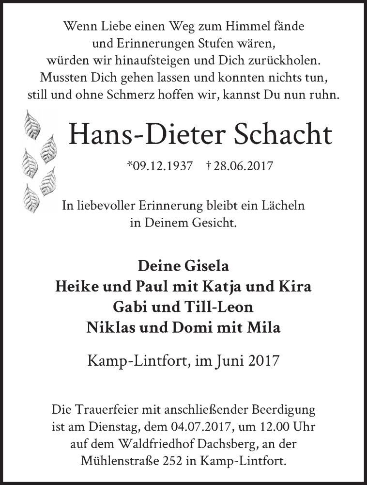  Traueranzeige für Hans-Dieter Schacht vom 02.07.2017 aus trauer.stadt-panorame.de