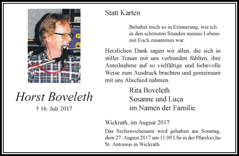  Traueranzeige für Horst Boveleth vom 20.08.2017 aus trauer.extra-tipp-moenchengladbach.de