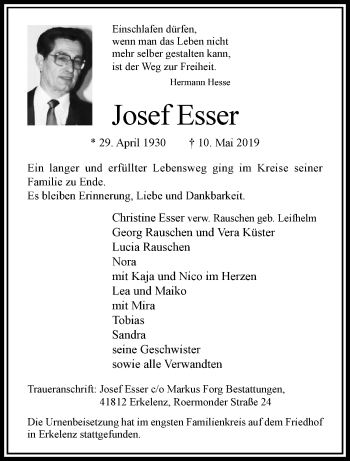Traueranzeige von Josef Esser von trauer.extra-tipp-moenchengladbach.de