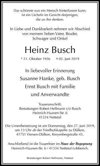 Traueranzeige von Heinz Busch von trauer.extra-tipp-moenchengladbach.de