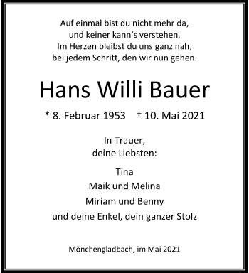 Traueranzeige von Hans Willi Bauer von trauer.extra-tipp-moenchengladbach.de