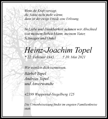 Traueranzeige von Heinz-Joachim Topel von trauer.wuppertaler-rundschau.de