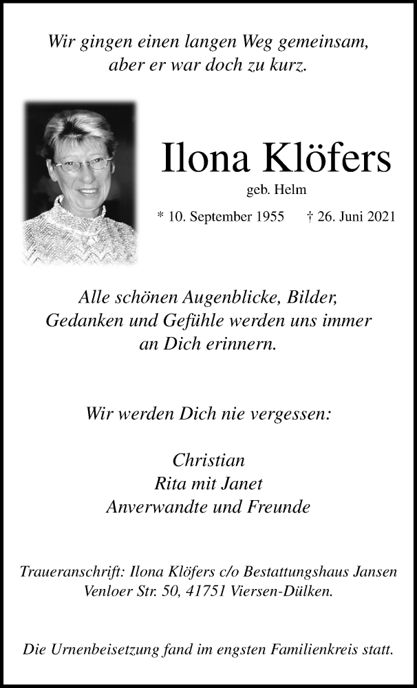 Traueranzeigen Von Ilona Kl Fers Trauer Und Gedenken