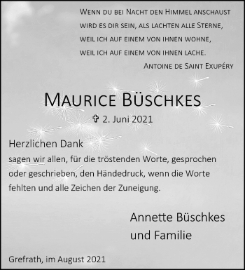 Traueranzeige von Maurice Büschkes von trauer.extra-tipp-moenchengladbach.de