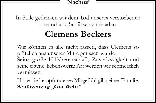 Traueranzeige von Clemens Beckers von trauer.extra-tipp-moenchengladbach.de