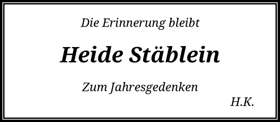 Traueranzeige von Heide Stäblein von trauer.wuppertaler-rundschau.de