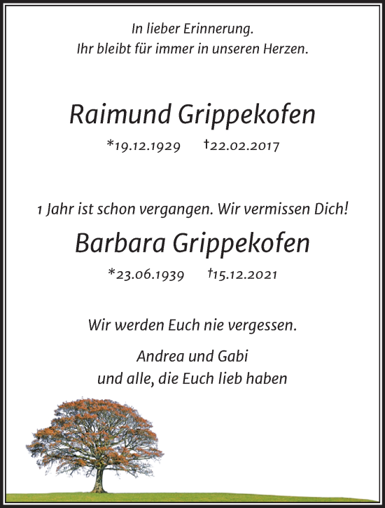 Traueranzeige von Raimund und Barbara Grippekofen von trauer.extra-tipp-moenchengladbach.de