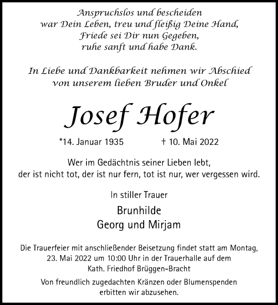 Traueranzeige von Josef Hofer von trauer.extra-tipp-moenchengladbach.de