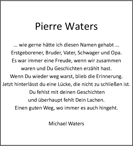 Traueranzeige von Pierre Waters von trauer.wuppertaler-rundschau.de