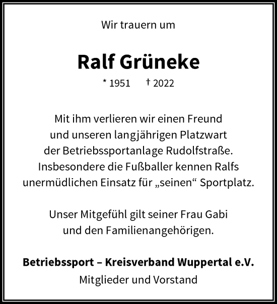 Traueranzeige von Ralf Grüneke von trauer.wuppertaler-rundschau.de