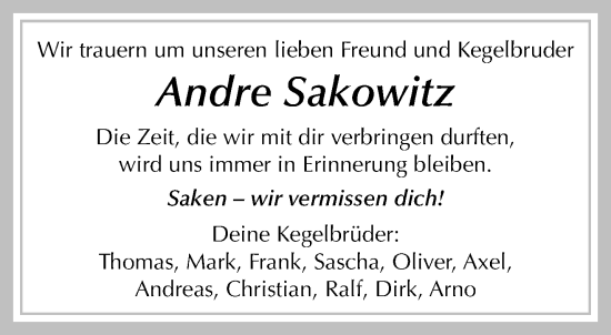 Traueranzeige von Andre Sakowitz von trauer.extra-tipp-moenchengladbach.de