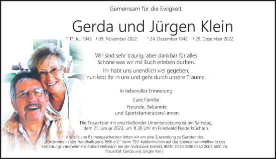 Traueranzeige von Gerda und Jürgen Klein von trauer.extra-tipp-moenchengladbach.de