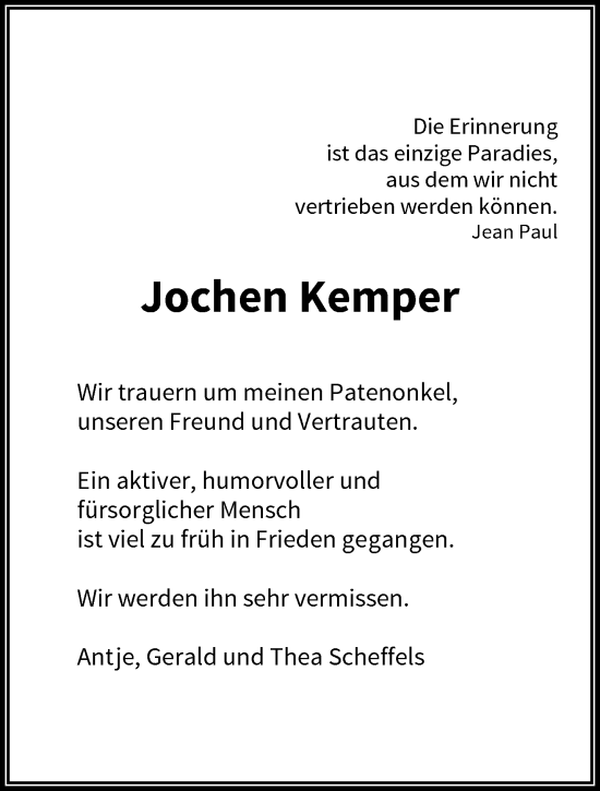 Traueranzeige von Jochen Kemper von trauer.wuppertaler-rundschau.de