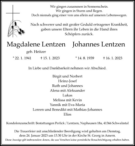 Traueranzeige von Magdalene und Johannes Lentzen von trauer.extra-tipp-moenchengladbach.de