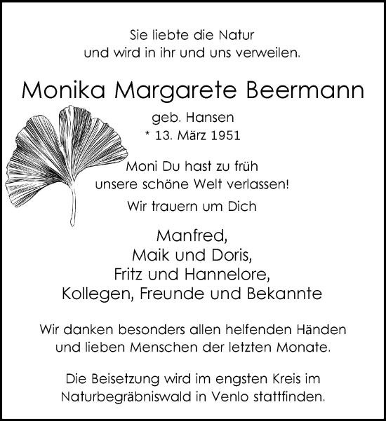 Traueranzeige von Monika Margarete Beermann von trauer.extra-tipp-moenchengladbach.de