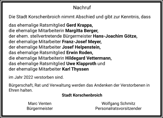 Traueranzeige von Nachruf Stadt Korschenbroich von trauer.extra-tipp-moenchengladbach.de