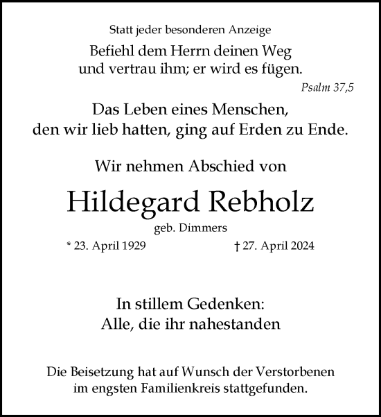 Traueranzeige von Hildegard Rebholz von trauer.extra-tipp-moenchengladbach.de