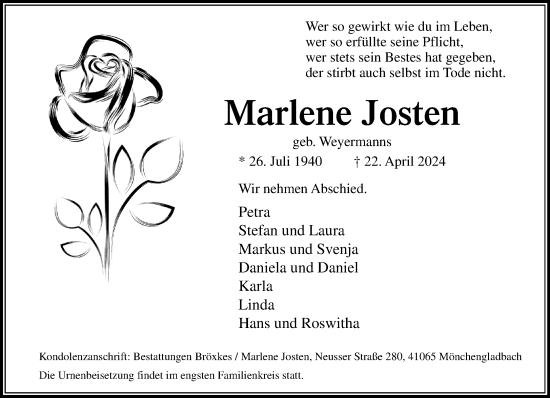 Traueranzeige von Marlene Josten von trauer.extra-tipp-moenchengladbach.de