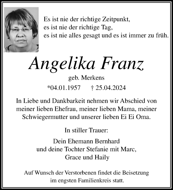 Traueranzeige von Angelika Franz von trauer.extra-tipp-moenchengladbach.de