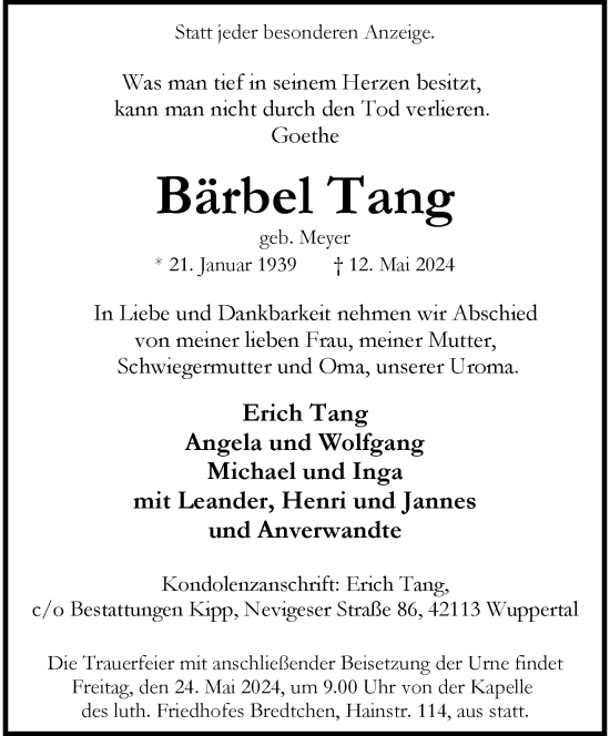 Traueranzeige von Bärbel Tang von trauer.wuppertaler-rundschau.de