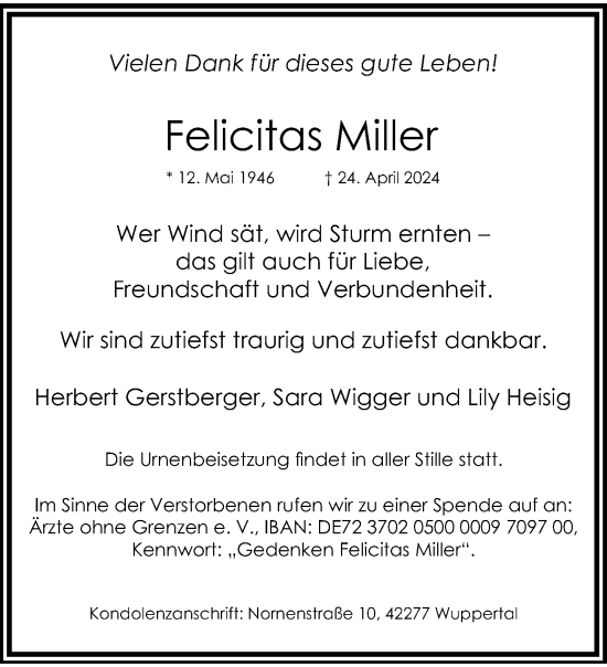 Traueranzeige von Felicitas Miller von trauer.wuppertaler-rundschau.de