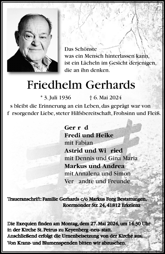 Traueranzeige von Friedhelm Gerhards von trauer.extra-tipp-moenchengladbach.de