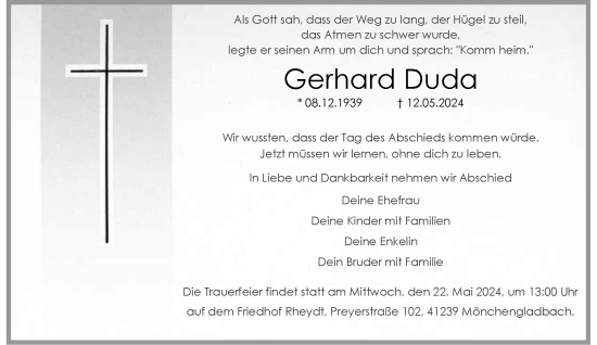 Traueranzeige von Gerhard Duda von trauer.extra-tipp-moenchengladbach.de