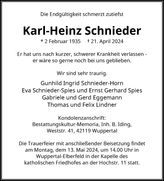 Traueranzeige von Karl-Heinz Schnieder von trauer.wuppertaler-rundschau.de