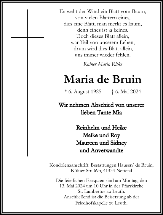 Traueranzeige von Maria de Bruin von trauer.extra-tipp-moenchengladbach.de