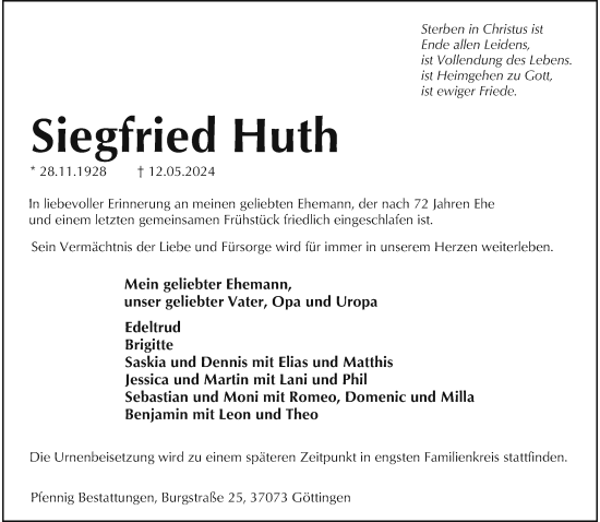 Traueranzeige von Siegfried Huth von trauer.wuppertaler-rundschau.de