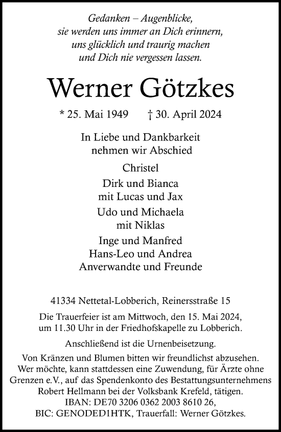 Traueranzeige von Werner Götzkes von trauer.extra-tipp-moenchengladbach.de