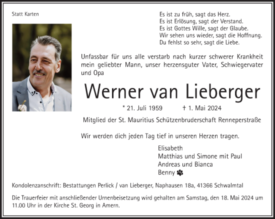 Traueranzeige von Werner van Lieberger von trauer.extra-tipp-moenchengladbach.de