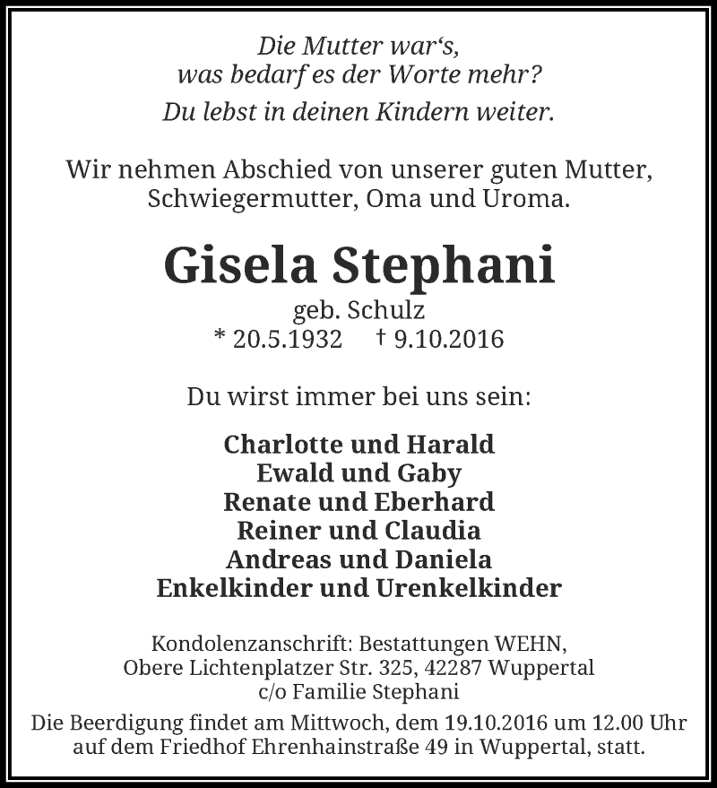  Traueranzeige für Gisela Stephani vom 15.10.2016 aus trauer.wuppertaler-rundschau.de