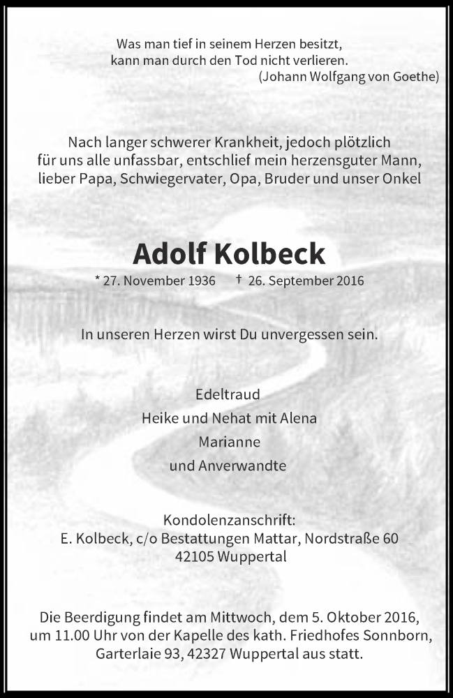  Traueranzeige für Adolf Kolbeck vom 01.10.2016 aus trauer.wuppertaler-rundschau.de