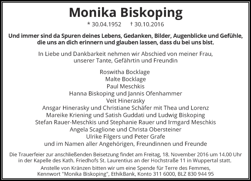  Traueranzeige für Monika Biskoping vom 05.11.2016 aus trauer.wuppertaler-rundschau.de