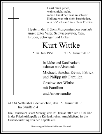 Traueranzeige von Kurt Wittke von trauer.extra-tipp-moenchengladbach.de