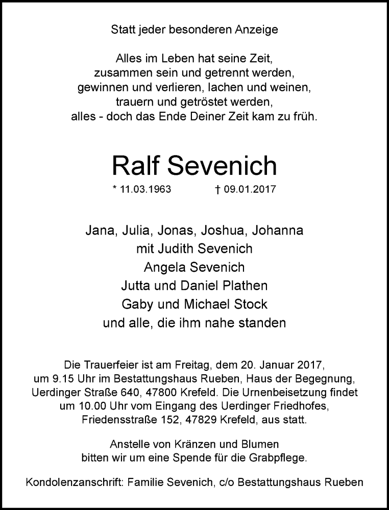  Traueranzeige für Ralf Sevenich vom 15.01.2017 aus trauer.mein.krefeld.de