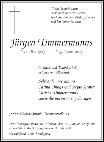 Traueranzeige von Jürgen Timmermanns von trauer.extra-tipp-moenchengladbach.de