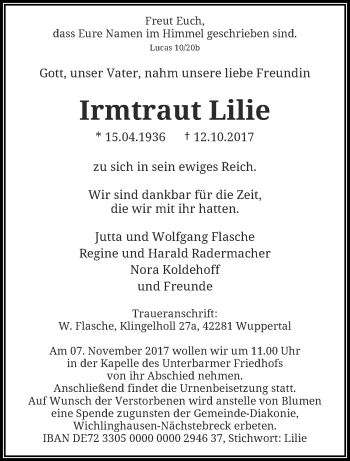 Traueranzeige von Irmtraut Lilie von trauer.wuppertaler-rundschau.de