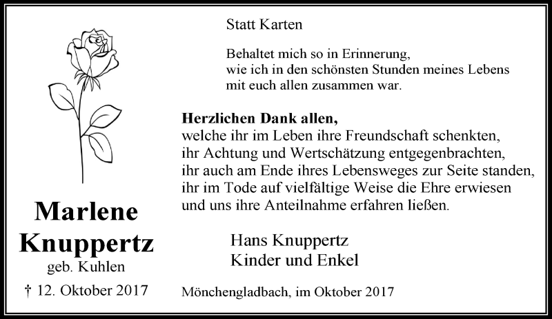  Traueranzeige für Marlene Knuppertz vom 29.10.2017 aus trauer.extra-tipp-moenchengladbach.de