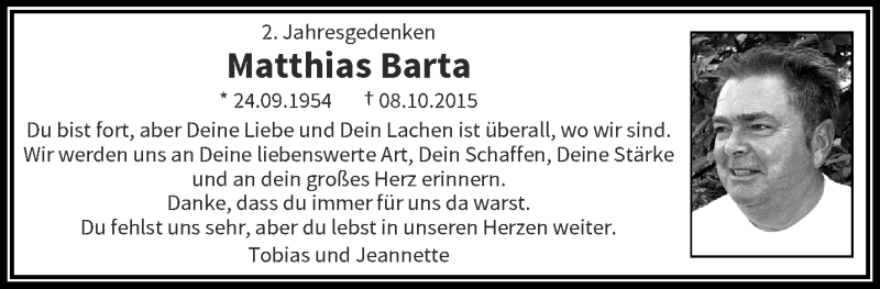  Traueranzeige für Matthias Barta vom 07.10.2017 aus trauer.wuppertaler-rundschau.de