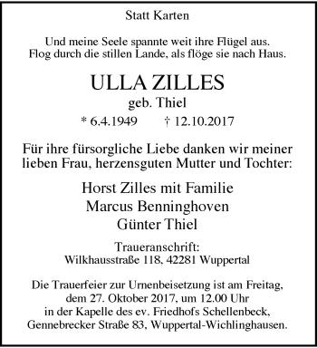 Traueranzeige von Ulla Zilles von trauer.wuppertaler-rundschau.de