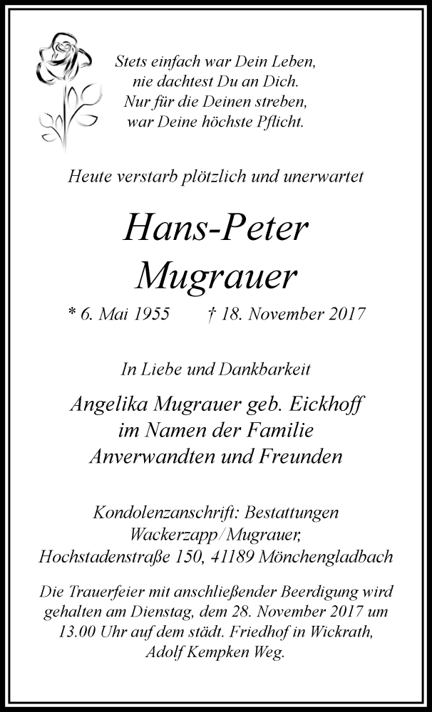  Traueranzeige für Hans-Peter Mugrauer vom 26.11.2017 aus trauer.extra-tipp-moenchengladbach.de