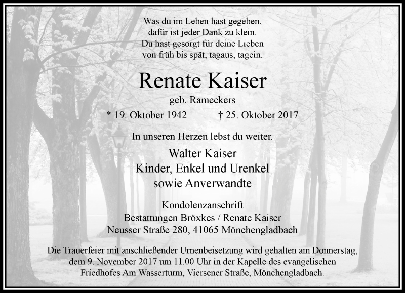  Traueranzeige für Renate Kaiser vom 05.11.2017 aus trauer.extra-tipp-moenchengladbach.de