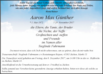 Traueranzeige von Aaron Max Günther von trauer.stadt-kurier.de