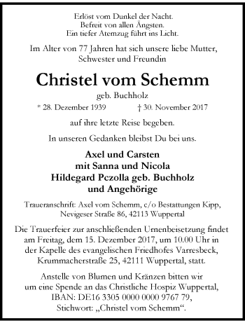 Traueranzeige von Christel vom Schemm von trauer.wuppertaler-rundschau.de