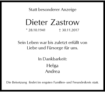 Traueranzeige von Dieter Zastrow von trauer.wuppertaler-rundschau.de